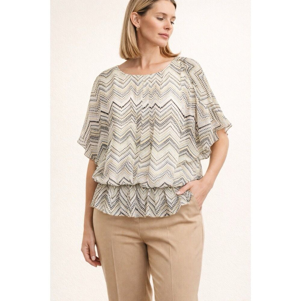 Dressbarn Blouse Size XL Chevron Print Flutter Sleeve Sheer Layered Peplum Top